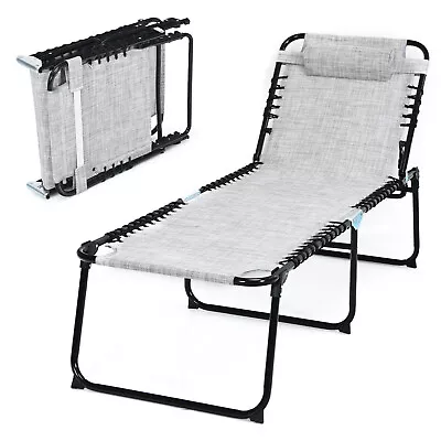 Costway Folding Beach Lounge Chair Heightening Design Patio Lounger W/ Pillow • $67.99