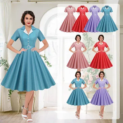 £18.99 • Buy Ladies Plaid Vintage A-Line Dress Womens 50s 60s Swing Dresses Rockabilly Party