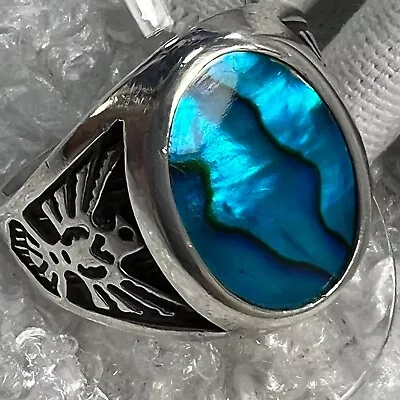 Men's Vintage Eagle Paua Shell 0.925 Sterling Silver 7/8  Band Ring Size 14.75 • $224