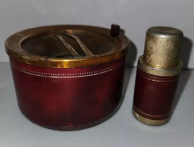 VINTAGE Mid-Century LEATHER WRAPPED TABLE ASHTRAY & LIGHTER Desk Set With Brass  • $15.97