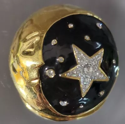 Signed Essex Vintage Star And Moon Rhinestone And Enamel On Gold Tone Brooch Pin • $17.99