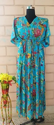 $39.67 • Buy Indian Turquoise Cotton Floral Long Kaftan Maxi Night Gown Dress Women' Cover Up