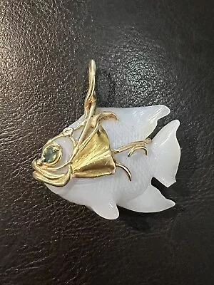 Antique Chinses Mutton Fat White Jade Fish Pendant Mounted In 14k Yellow Gold • $655