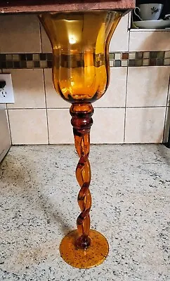 17  Mid-century Empoli Amber Glass Candle Holder With A Twisted Stem • $95