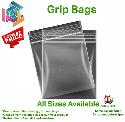 GRIP SEAL BAGS Self Resealable Clear Polythene Poly Plastic Zip Lock All Sizes • £2.45