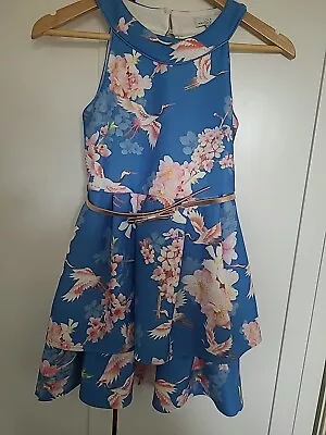  Lola & Maverick Girls Blue Pink Birds Belt Party Dress Age 9 Years  • £19