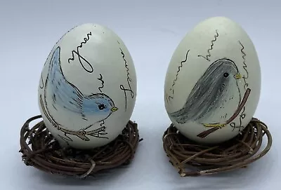 Vintage Hand Painted Birds Ceramic Eggs On Nest Set Of 2 • $20.77