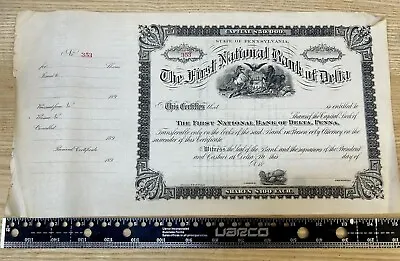 First National Bank Of Delta PA 1890’s Blank $100 Share $50000 Capital Blank • $175