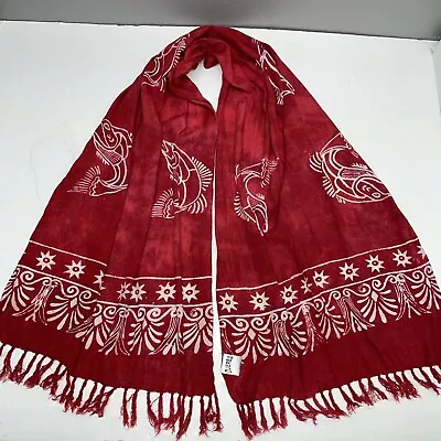 Djerba Scarf Shawl Wrap Oblong Fringe Tassel Red Fish Mexico Aztec Tribal Boho • $16.88