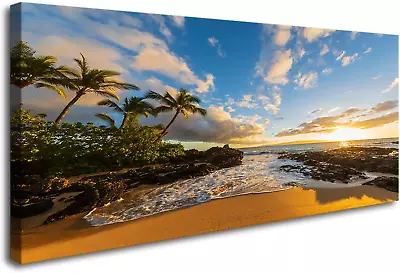 S75462 Large Beach Wall Art Secret Beach At Sunset Maui Hawaii Canvas Wall Art • $127.99