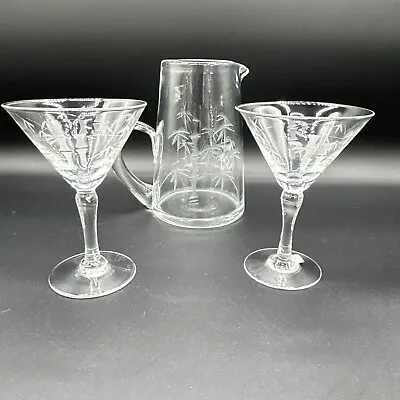 Cocktail Pitcher Martini Glasses Mid Century Japanese Clear Glass Etched Bamboo • $35