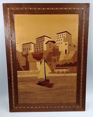 VTG Marquetry Inlaid Wood Wall Art Sailboat Italian Seaside Village 16  X 11  • $28.86