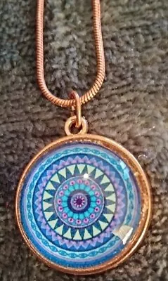 Blue/Purple Spiral Mandala Pendant On Copper Bezel & 18  -  Snake Chain Necklace • $8.99