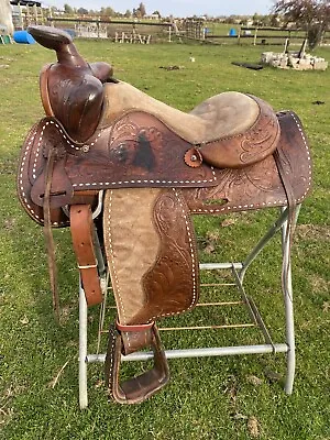 Used / Vintage 15  Tooled/ Buckstitched Western Saddle W/bear Trap Pommel • $125