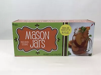4Pack Mason Jars 10oz Mugs W/ Lids & Straws (Retro) Vintage Drinkware NIB • $19.99