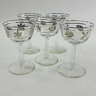 Set 5 Libbey Frosted Silver Leaf Small Cordial Glasses 3 Oz MCM Vintage • $14.99