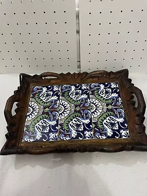 Mexican Wood & Tile Tray Carved Wood Spanish Tile With Handles Vintage 45.00 • $45