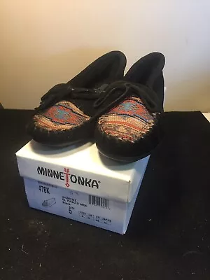 Minnetonka 470K Moccasin Loafer El Paso II Mock Black Shoes Size 5 • $34.95