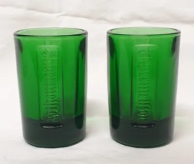 🔶️2 Jagermeister Shot Glasses Green Glass Embossed Logo Jager Bomb Man Cave Bar • $34.99