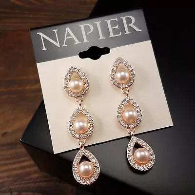 Vintage Inspired Napier Rose Gold Pearl Crystal Drop Earrings Designer Jewelry • $19.99