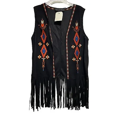 Shop The Trends Womens Western Country Vest Jacket Black Small Fringe Hem • $27.43