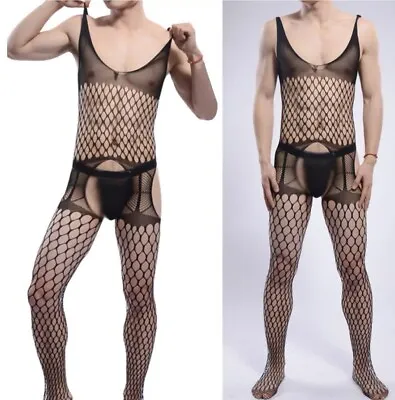 Mens Fishnet Body Stocking Bodysuit Open Crossdresser Gay Underwear Pantyhose Uk • £11.92