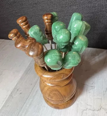 VTG Set Of 9 Mexican Jade Aztec Mayan Appetizer Mini Forks Picks W Free Gift! • $45.99