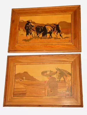 Marquetry Inlaid Wood Pictures Cowboy Horse Farming Mountains Pair Vtg Handmade • $44.99