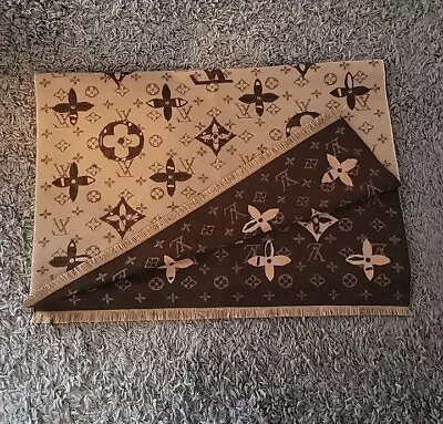 New LOUIS VUITTON LV Monogram Logomania Scarf Beige/Brown Wool/Blend Shawl XL Sz • $224