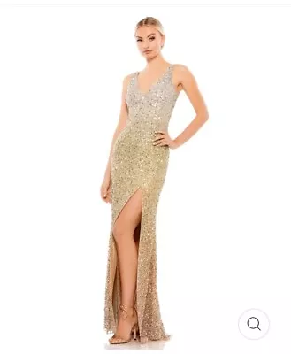 NEW Mac Duggal EMBELLISHED BEADED Sequin Gold Front Slit Prom Gown Dress • $179.99