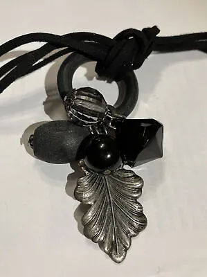 4 Strands Black Faux Suede Cord With Wooden Ring Metal Oak Leaf Wooden Acorn • £5