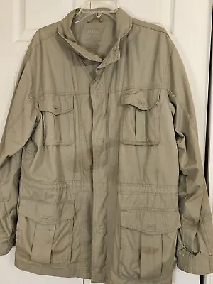 LL BEAN Men's L Cargo Explorer Safari Cotton Canvas Travel Jacket Pockets Khaki • $39.99