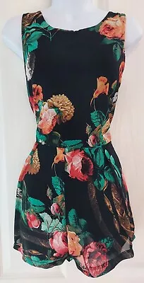 Womens Wal G Playsuit Size Small Black Flowers Holiday Summer Vgc • £16