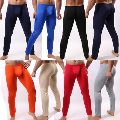 Sexy Men's Smooth Bulge Pouch Long Johns Trousers Slim Pants Underwear Ice Silk • £11.70