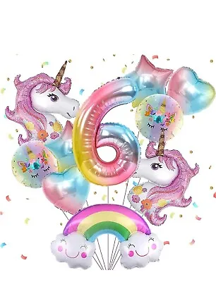6th Birthday Unicorn Rainbow Mylar Foil Balloon Number Set Float Helium  • $8