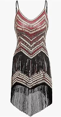 Women Dress SZ Small Wine Red V Neck Beaded Fringed 1920 Great Gatsby Party NWT • $14.99