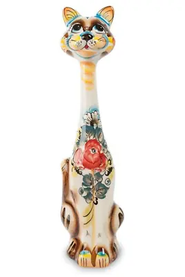 TALL CAT CERAMIC FIGURINE. Russian Gzhel Majolica Cat Sculpture 13-inch Cat • $39.95