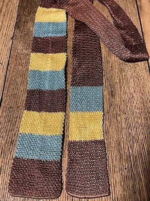 Mid Century Square Knit Rayon/silk Tie Aqua Brown Yellow Horizontal Stripe 49” • $20