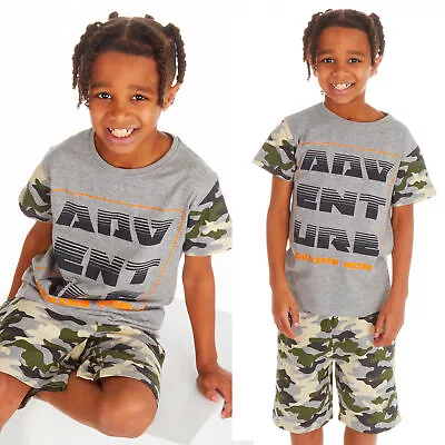 Boys Camo Short Sleeved Pyjama Set Adventure Army Theme Summer PJ's 2-13 Years • £8.99