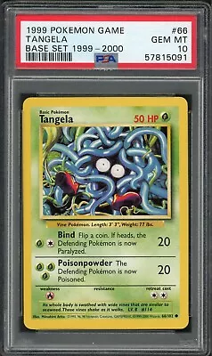 Pokemon PSA 10 Gem Mint Base Set 1999-2000 4th Print Common Tangela 66/102 (GP) • $39.99