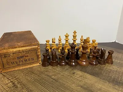 $70.99 • Buy Horn Chessmen Complete Set Chess Hard Wood Chessmen Pieces With Box USA Vintage