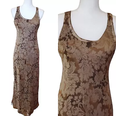 Vintage 90s Brown Floral Brocade Chiffon Double Layer Dress Sleeveless Size 4 • $49.99