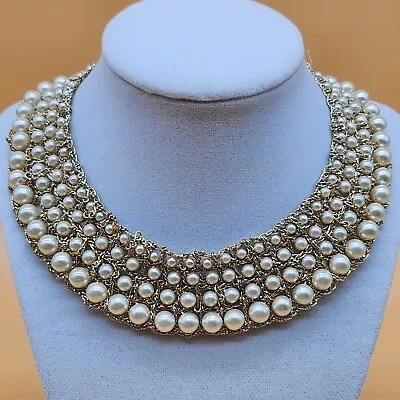 Vintage Graduated Faux Pearl Gold Tone Jewelry Choker Collar Necklace • $79.95