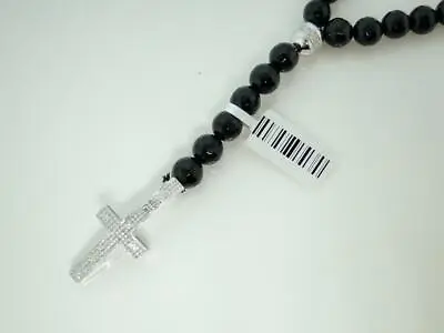 Mens Rosary Genuine White Diamond Necklace Chain Black Onyx 32 Diamond Cross • $389.99