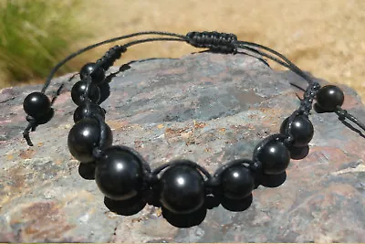 Shungite Bracelet - Polished Beads - Macrame Woven - Adjustable Black Cord - EMF • $22.95