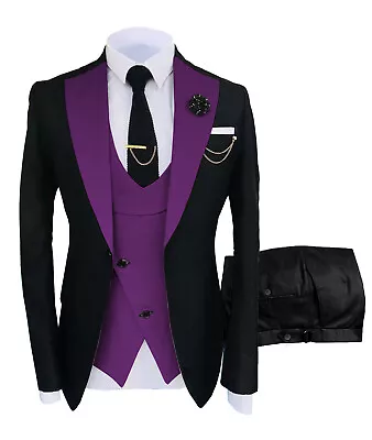 Mens Formal 3 Piece Suit Vintage Lapel Prom Tuxedo Jacket Vest Pants 42r 44R 46R • $67.49