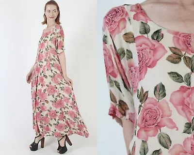 Vintage Rose Floral Print Grunge Dress Baggy Long Romantic Gauze Maxi Sundress • $59.85