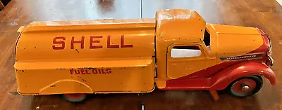 VINTAGE 1940s BUDDY L INTERNATIONAL SHELL OIL GAS TANKER PRESSED STEEL TOY TRUCK • $123.50