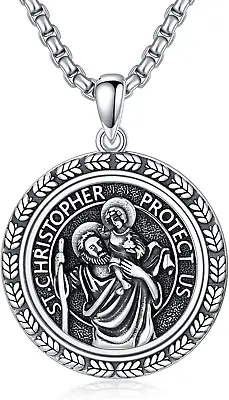 St Christopher Necklace For Men Sterling Silver Round Medal Saint Faith Jewelry • $124.15