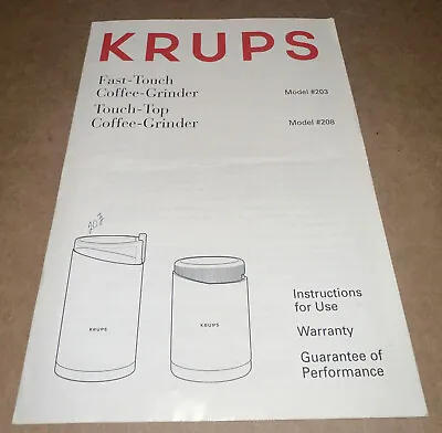Krups Fast-Touch/Touch-Top Coffee Grinder Model 203 & 208 Instruction Use Manual • $9.74